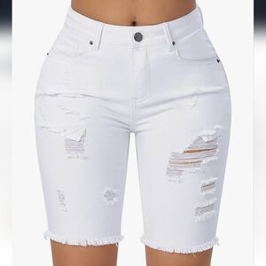 White Distressed Bermuda Denim Shorts